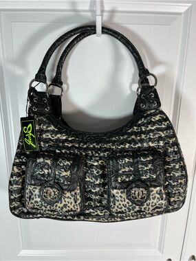 Sharif Studio Handbag Genuine Leather Leopard Woven Hobo Rhinestone NWT